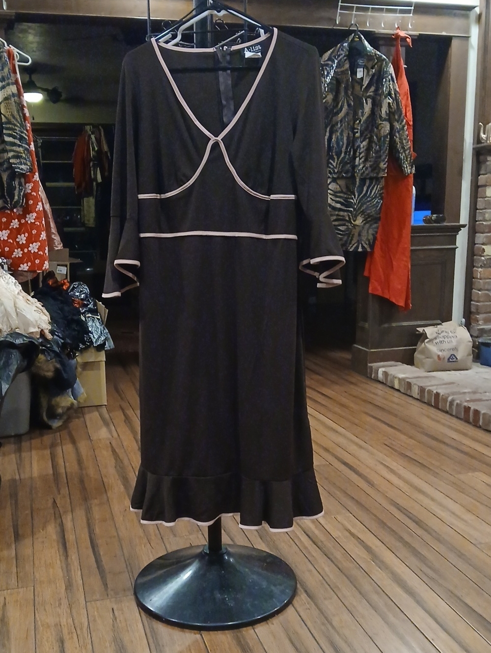 Women’s Brown Dress with Pink Trim - Classic V-Neck